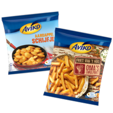 Aviko aardappelschijfjes, grip 'n dip, wavy blends of oma's smulfrieten